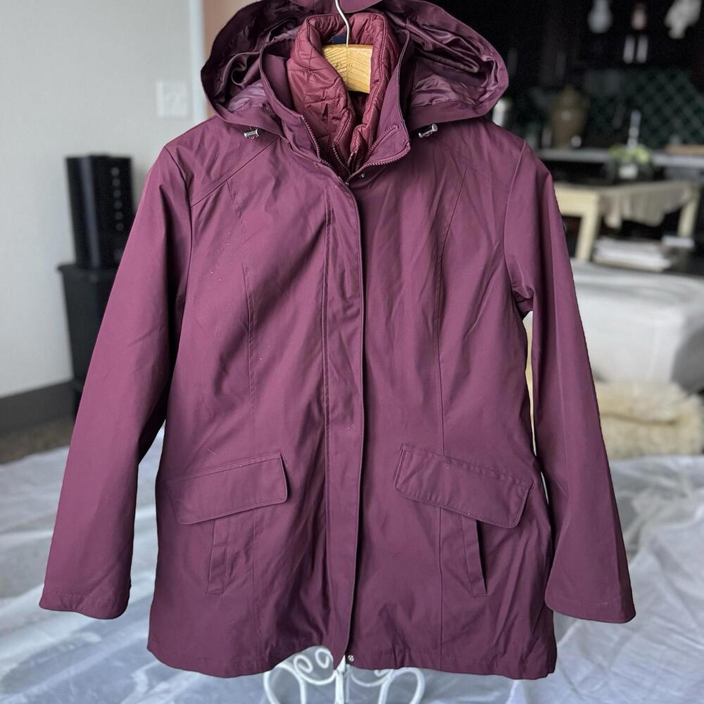 Lands End 3 In 1 Jacket Hooded Burgundy Red W Quilted Vest Sz XL